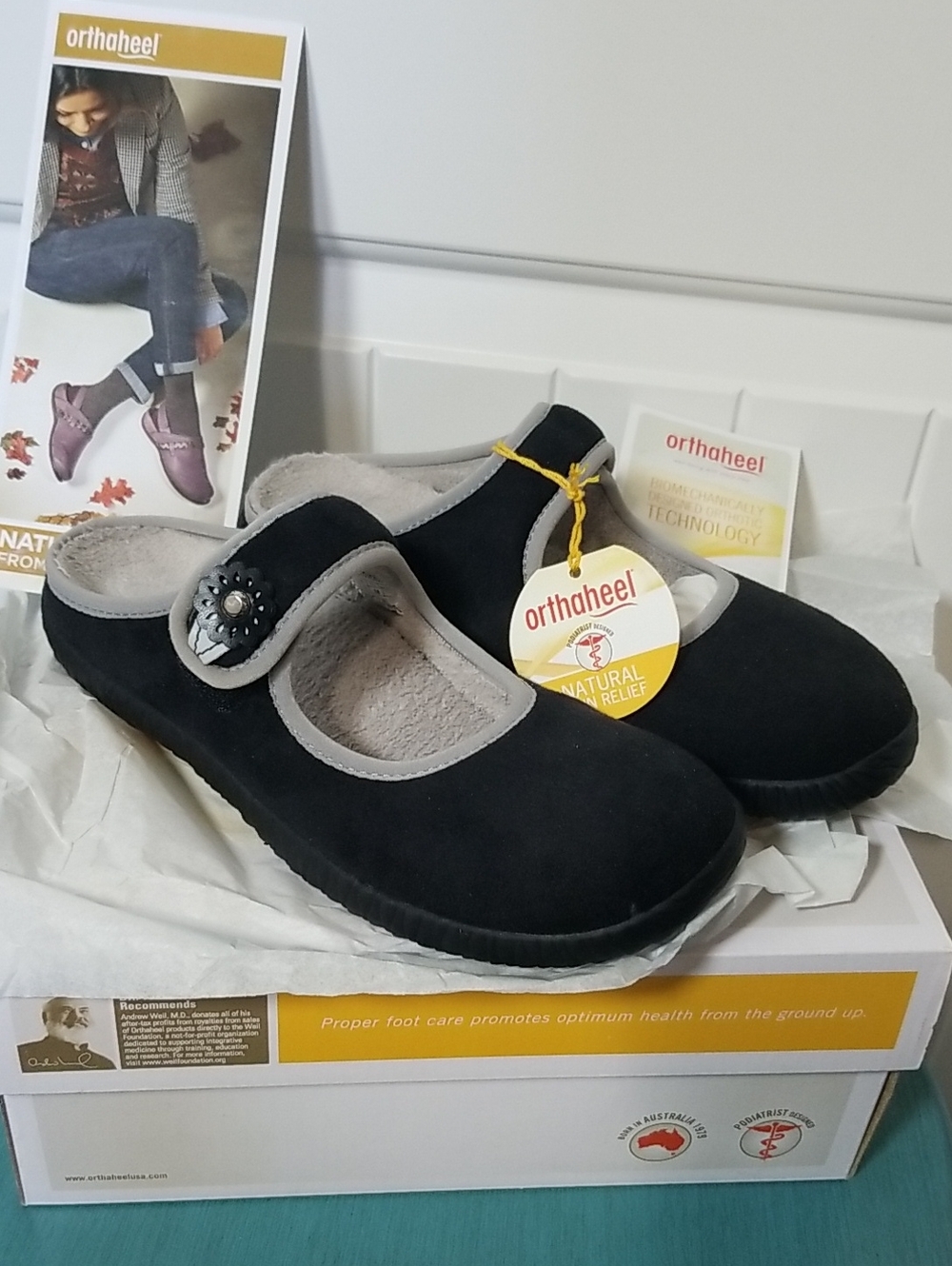 orthaheel Natural Pain Relief Size 7 Black Mary Jane Clog Mules with Gray Trim
